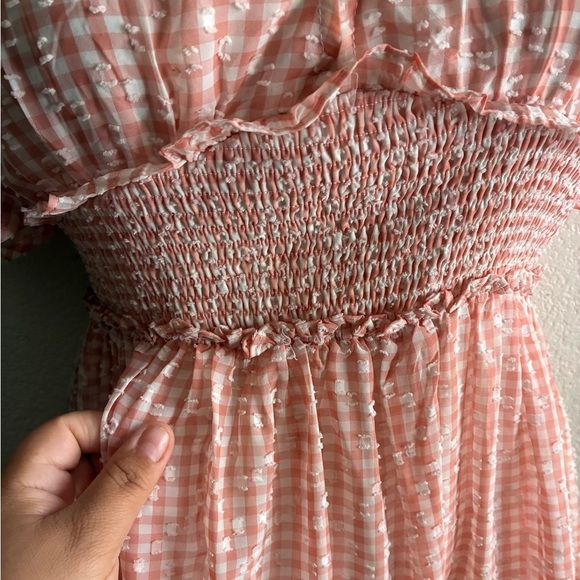 En Saison Caldera Shirred Gingham Vneck Barbie Peach  Mini Dress S - Picture 6 of 15